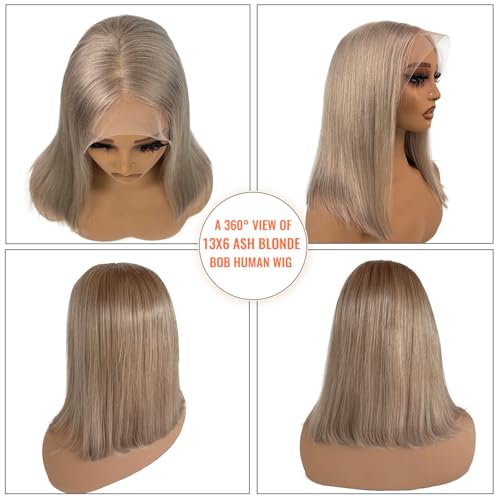Ash Blonde Bob 13x6 HD Lace Front Wigs Human Hair 180% Density Blonde Bob Wig Human Hair Deep Part 14 Inch Silky Straight Ash Blond Wig for Black Women Pre Plucked Hairline