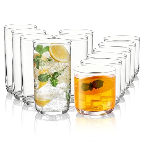 Kyraton Drinking Glasses Set of 12, PET Clear Plastic Highball Glasses 14oz & Whisky Cocktail Glasses Set 11.5oz, Heavy Du...