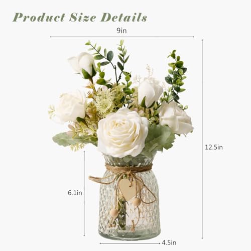 YJ Fake Flowers with Vase, Silk Roses Artificial Flowers in Vase, Faux Flower Plant Arrangement Suitable for Home Office D...