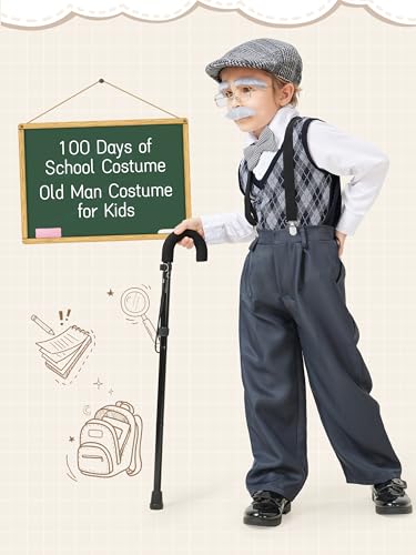 FancyFun 9 Pcs 100 Days of School Costume for Boys Old Man Costume for Kids Grandpa Dress Up Outfits Set