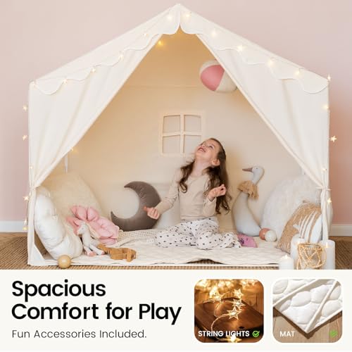 Tiny Land Kids Tent with Mat and Star Lights, Indoor Playhouse for Toddlers, 57"x36"x52" Large Reading Nook for Girls & Bo...