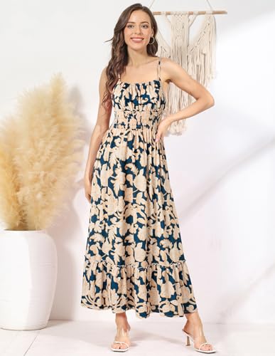 GRACE KARIN Summer Dresses for Women 2026 Vacation, Smocked Floral Maxi Dresses, Boho Beach Long Sundresses with Pockets