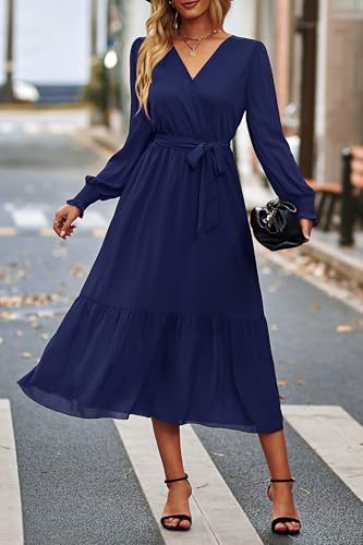 PRETTYGARDEN Women's Floral Boho Dress Fall Long Sleeve Wrap V Neck Ruffle Flowy Maxi Spring Wedding Guest Vacation Dresses