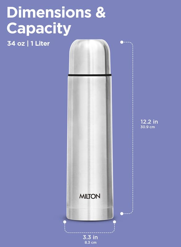 Milton Thermosteel Flip Lid 1000, Double Walled Vacuum Insulated Thermos 1000 ml | 34 oz | 1 Ltr | 24 Hours Hot and Cold W...