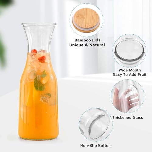 Glass Carafe with Bamboo Lid,35 Oz Beverage Dispensers Carafe,Mimosa Bar Supplies,Clear Glass Pitcher with Name Labels for...