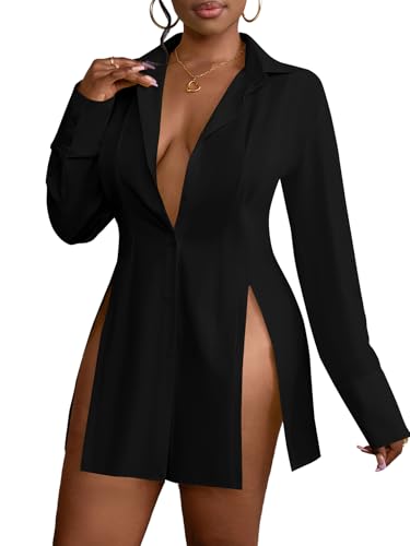 LYANER Women's Button Down Shirt Dress Collar V Neck Long Sleeve Slit Sexy Shirt Dresses