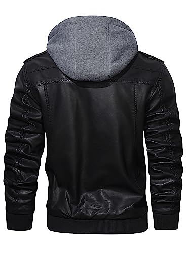 HOOD CREW Men’s Casual Stand Collar PU Faux Leather Zip-Up Motorcycle Bomber Jacket With a Removable Hood