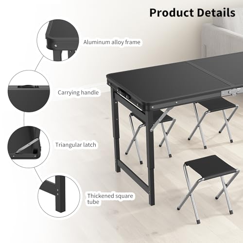 MIKEE Portable Folding Card Table with Chairs,4ft Foldable Table Adjustable Height,Aluminum Alloy Frame Folding Dining Tab...