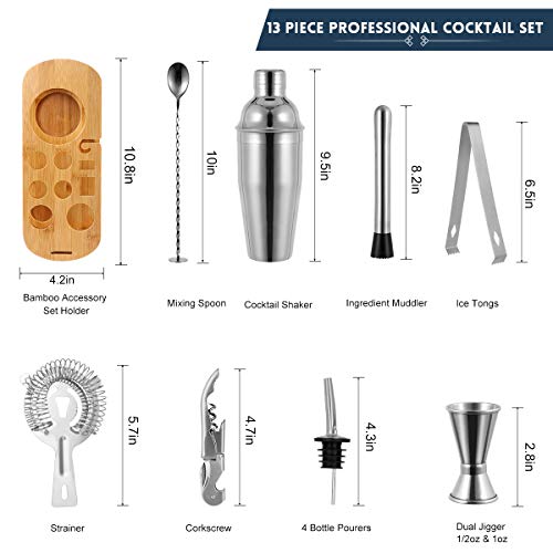 12-Piece Cocktail Shaker Set with Stand – 25oz Bartender Kit Including Shaker Jigger Muddler Bar Spoon Strainer Tongs 4 Po...