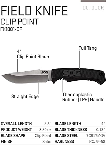 SOG Survival Knife with Sheath - Field Knife Fixed Blade Knives 4 Inch Tactical Knife and Bushcraft Knife w/Full Tang Hunt...