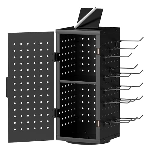 Alyoen Rotating Pegboard Display Stand With 24 Hooks - Metal Spinning Peg Board Organizer Accessories with Magnetic Door D...