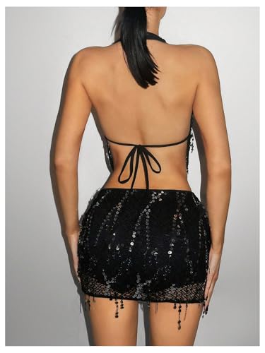 SOLY HUX Women's 2 Piece Party Club Outfit Sequin Tie Backless Sheer Halter Crop Top and Mini Skirt Set
