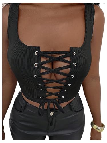 SOLY HUX Women's Lace Up Crop Tank Tops Sleeveless Scoop Neck Ribbed Slim Fit Going Out Shirts