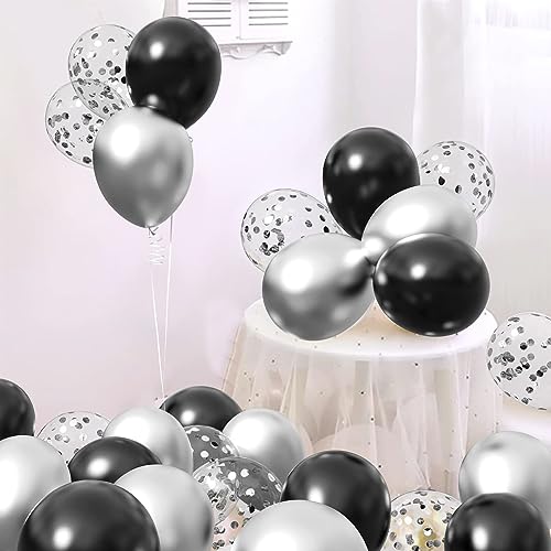 LuhcXbs Black Silver Confetti Balloons, 50pcs 12-inch, Unisex Adults, Party, General Celebration, Black Silver, Round, Ver...