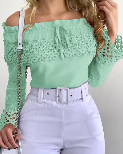 Womens Off Shoulder Lace Shirt Long Sleeve Mesh Top Guipure Lace Frill Hem Casual Streetwear Party Date Festival Shirt