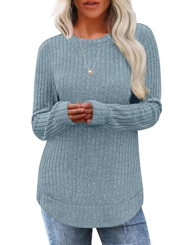 JUSTFASHIONNOW Womens Long Sleeve Shirts Trendy Sweaters Lightweight 2025 Casual Crewneck Fall Tunic Tops Loose Fit Dressy