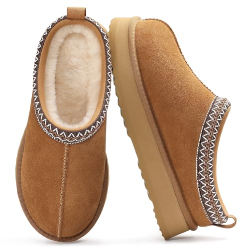 KIDMI Genuine Suede Platform Slippers for Women Fuzzy Winter Warm Shoes Indoor Outdoor