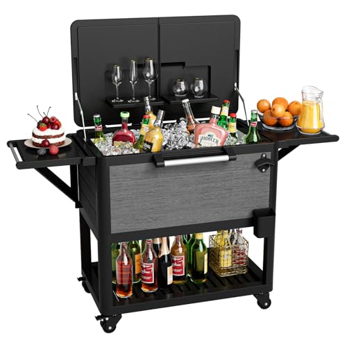 104 Quart Patio Rolling Ice Chest Cooler Cart with Wheels, Portable Mobile Outdoor Coolers Bar Cart with Storage Shelf & B...