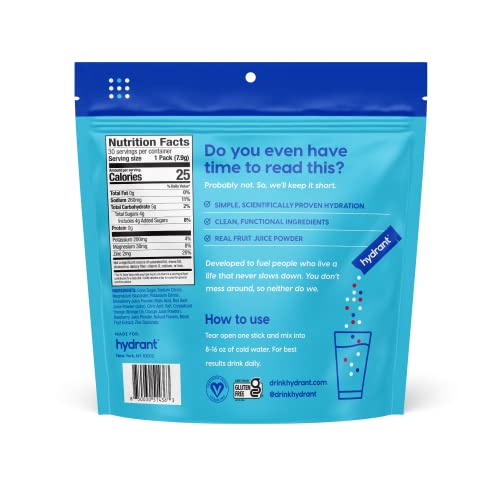Hydrant - Hydrate Electrolyte Powder, Fruit Punch Flavor, 30 Rapid Hydration Individual Stick Packs - Low Sugar Drink Mix ...