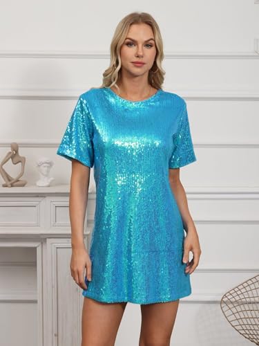 Ophestin Women's Sparkly Sequin T Shirt Dress Short Sleeve Crewneck Tie Backless Glitter Party Club Dresses
