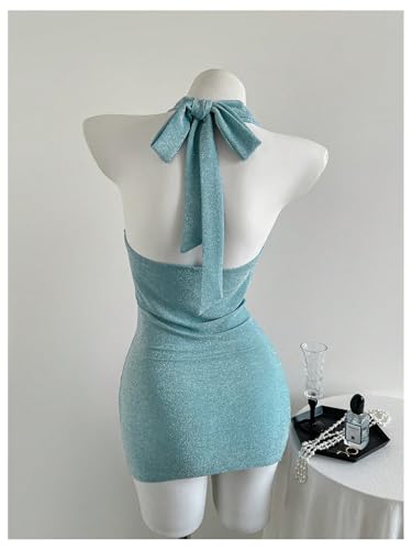 SOLY HUX Women's Shiny Deep V Neck Halter Bodycon Mini Dress Sleeveless Cocktail Prom Pencil Dresses