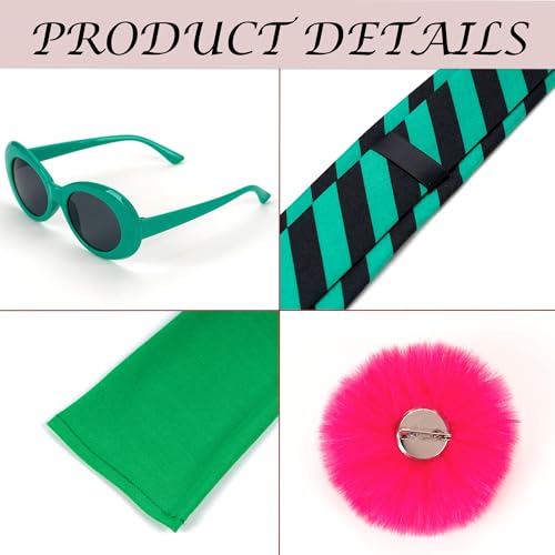 Eybila 4 Pcs Halloween Costume Accessories Stripe Tie Green Sunglasses Long Gloves Pink Pom Pom Balls Pin Cosplay Party