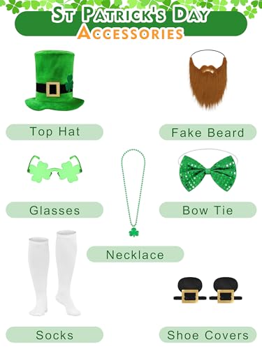 SOMSOC 9 Pieces Men St Patrick's Day Costumes Set Adult Irish Suit Outfit with Clover Hat Glasses for St Patrick's Day Party