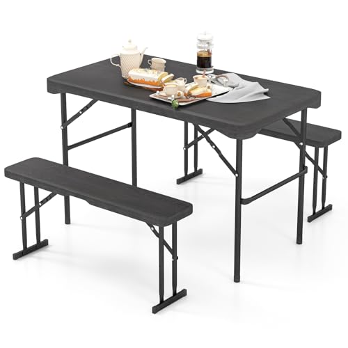 Tangkula Picnic Table with 2 Benches, 3 Piece Folding Picnic Table Set with HDPE Tabletop, Sturdy Metal Frame, 4 Person Pl...
