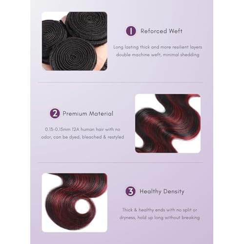 99J Burgundy Highlight Body Wave 3 Bundles Human Hair, 12A 100% Virgin Burgundy and Black Colored Human Hair Bundles Thick Track Ombre Red 99J Brazilian Quick Wavy Weaves Sew In Remy 10 12 14 In