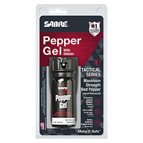 SABRE Tactical Pepper Gel With Belt Holster For Easy Carry, Maximum Police Strength OC Spray, Quick Access Fast Flip Top S...