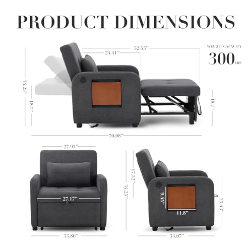 Convertible Sleeper Chair-Fabric Futon Sofa Bed, Single Sleeper Sofa, Small Couch Bed with USB Port, Foldable Table, Pillo...