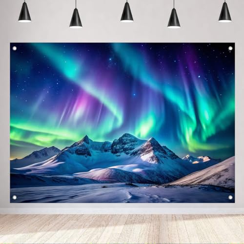 LYCGS 70.8''x47.2'' Colorful Northern Lights Backdrop Snowy Mountains Aurora Borealis Starry Night Sky Background X-411