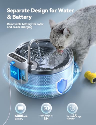 Wireless Cat Water Fountain [Water & Battery Separation] FEELNEEDY Stainless Steel Automatic Pet Water Dispenser, 4000mAh ...