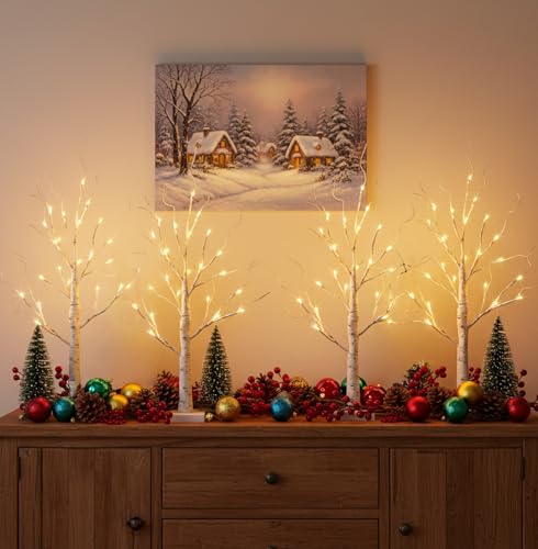 EAMBRITE Home Decorations Light Up White Birch Tree Indoor Christmas Decor, 4 Pack Battery Operated/USB Lighted Tabletop M...