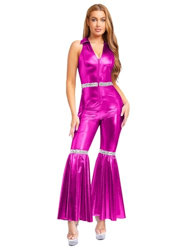 ACSUSS Women's 70s 80s Shiny Metallic Disco Jumpsuit Sleeveless Backless for Rave & Themed Parties Hot Pink X-Large