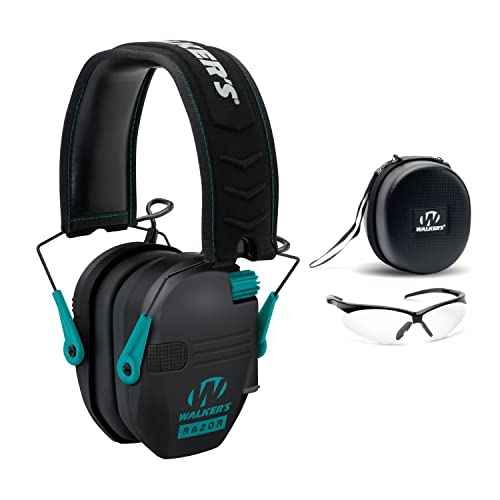 Walker's Razor Slim Electronic Muff (Black/Teal) with Protective Case and Shooting Glasses Bundle (3 items)
