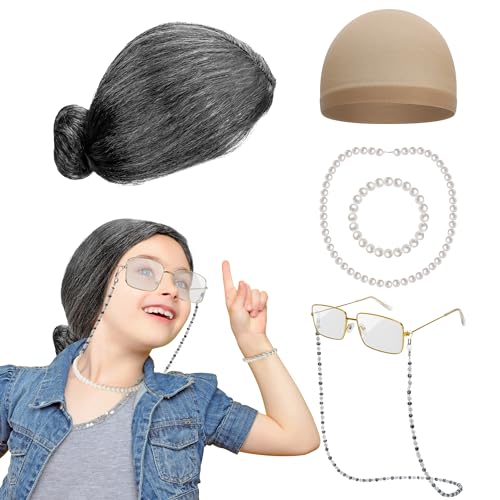Huskein Old Lady Costume for Women, 100 Days of School Costume for Girls, Granny Bun Wig Glasses Wig Cap Pearl Necklace Br...