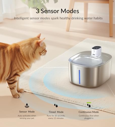 APD APETDOLA Wireless Cat Water Fountain Stainless Steel,135floz/4L Battery Operated Automatic Pet Fountain,Cordless Cat W...
