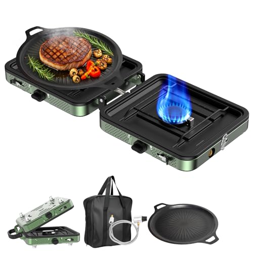 Portable Camping stove, 2 Burner Foldable Camping Stove with Griddle and Carrying Bag & Hose, 8600BTU Portable Propane Cam...