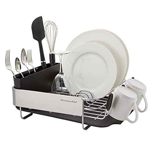 KitchenAid Compact, Space Saving Rust Resistant Dish Rack with Removable Flatware Caddy and Angled Self Draining Drainboard, 16.06-Inch, Black