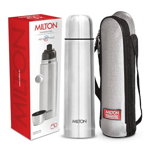 Milton Thermosteel Flip Lid 1000, Double Walled Vacuum Insulated Thermos 1000 ml | 34 oz | 1 Ltr | 24 Hours Hot and Cold W...