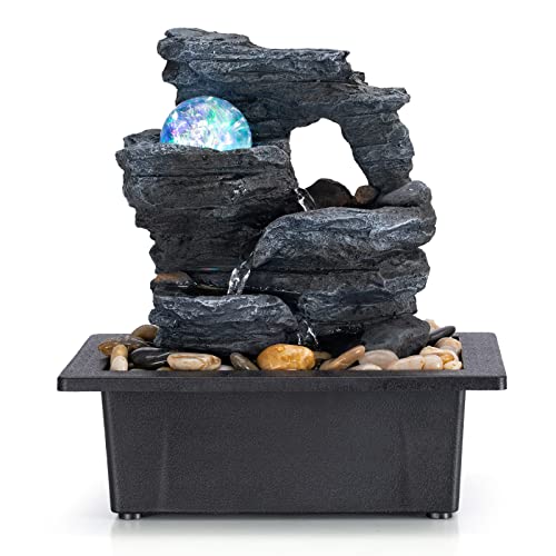 Amootek Tabletop Fountain Rotating Ball Rock Waterfall Fountain Office Includes Many Natural River Rocks Decorated with Co...