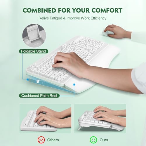 Wireless Keyboard and Mouse Combo, Wave Keys Full-Sized Ergonomic Keyboard with Cushioned Plam Rest, Phone Holder, Comfort...