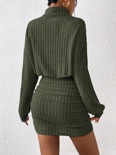 Women's Pullover Sweater Dress Long Lantern Sleeve Turtle Neck Cute Ribbed Knit Bodycon Mini Short Dress 2025 Fall