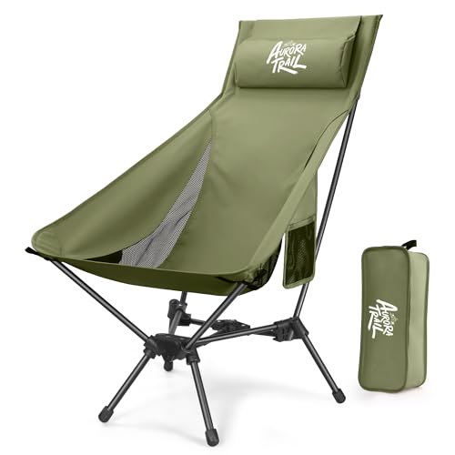 AuroraTrail High Back Folding Camping Chair with Pillow – Lightweight Portable Outdoor Chair with Cup Holder & Carry Bag, ...