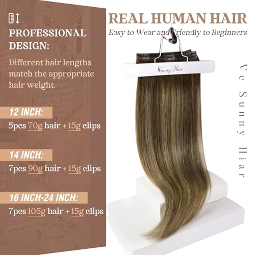 Ve Sunny Clip in Human Hair Extensions Dark Brown Balayage Caramel Blonde Human Hair Clip in Extensions 14inch Short Hair Extensions Real Human Hair Clip ins 100g 7Pcs
