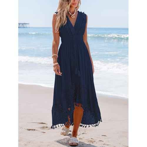 CUPSHE Women's Maxi Dress V Neck Sleeveless Lace Tassel Smocked Waist Cover Up Beach Formal Long Dress