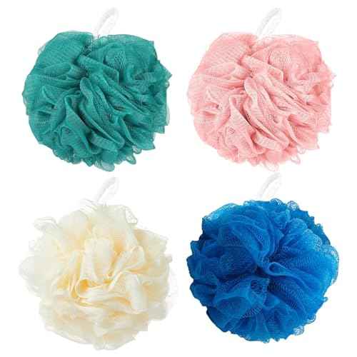 Loofah Sponge Shower Loofahs Bath Sponges Mesh Balls for Women Men Bathing Accessories Body Wash Back Scrubber 50g Soft Pouf Body Scrubber Loofahs Puff Pack, Exfoliate, Cleanse, Soothe Skin (4 Colors)