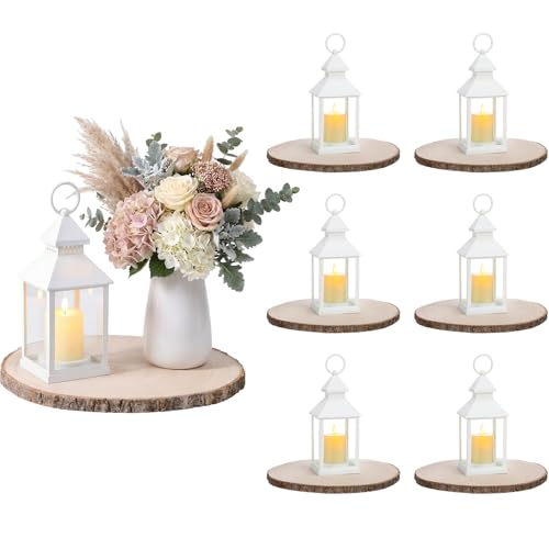 ZeahVeyora 6 Sets Plastic Wind Lantern Centerpieces Solar Hanging Lantern with Wood Slices LED Candles, Rustic Wedding Tab...