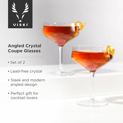 Viski Raye Angled Stemmed Crystal Coupe Cocktail Glasses, Champagne Coupe Glasses, Drinkware Set, Espresso Martini Glasse...